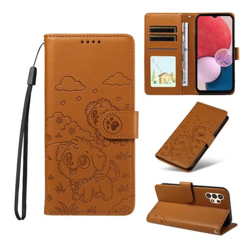 Funda de cuero con bloqueo RFID para Samsung Galaxy A13 4G/5G, con diseño de corazón en relieve y perro (marrón)