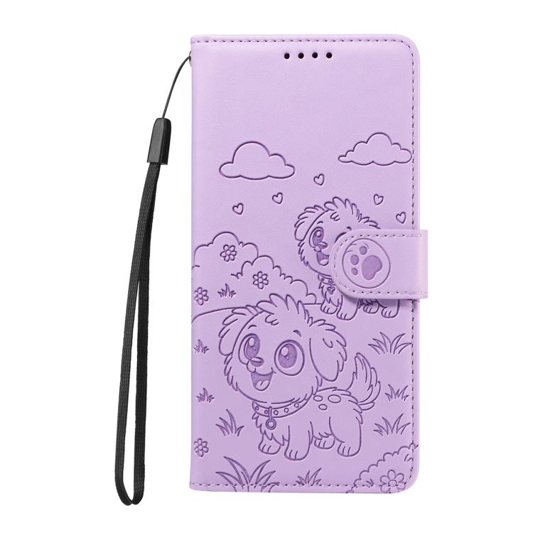Funda de cuero con bloqueo RFID para Samsung Galaxy A25 5G, con diseño de corazón y perro en relieve (morado)