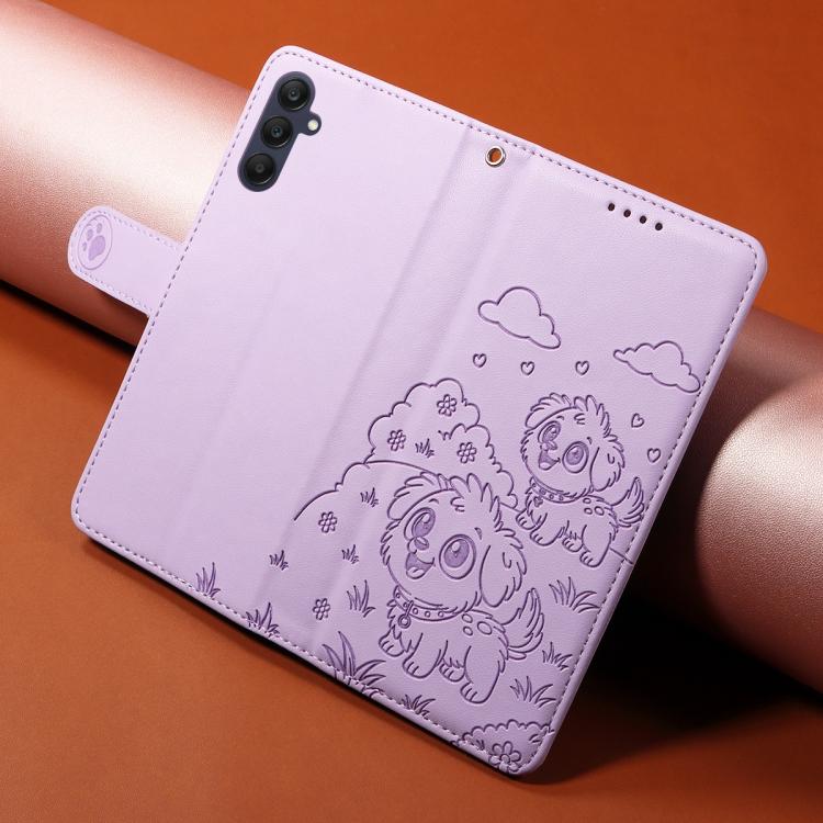 Funda de cuero con bloqueo RFID para Samsung Galaxy A25 5G, con diseño de corazón y perro en relieve (morado)