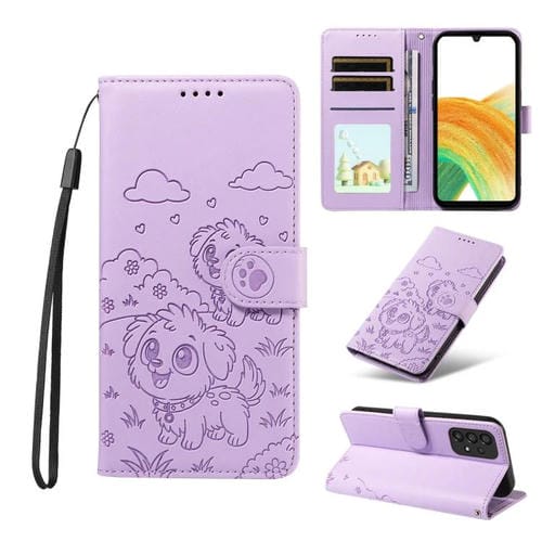 Funda de cuero tipo billetera con bloqueo RFID y diseño de corazón de perro en relieve para Samsung Galaxy A33 5G (morado)