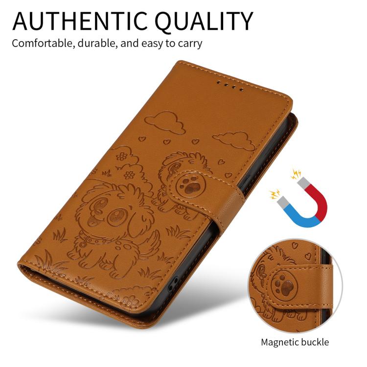 Funda de cuero tipo billetera con bloqueo RFID y diseño de corazón de perro en relieve para Samsung Galaxy A35 5G (marrón)
