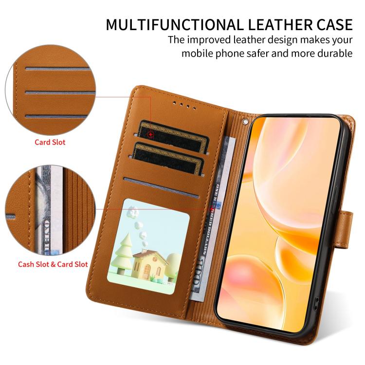 Funda de cuero tipo billetera con bloqueo RFID y diseño de corazón de perro en relieve para Samsung Galaxy A35 5G (marrón)
