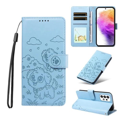 Funda de cuero con bloqueo RFID para Samsung Galaxy A73 5G, con diseño de corazón y perro en relieve (azul cielo)