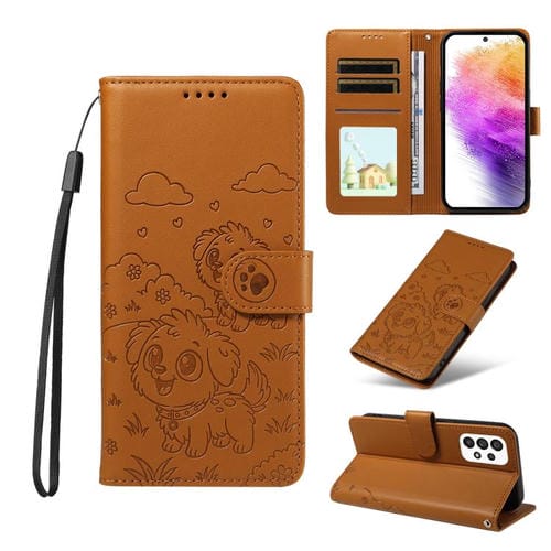 Funda de cuero tipo billetera con bloqueo RFID para Samsung Galaxy A73 5G, con diseño de corazón y perro en relieve (marrón)