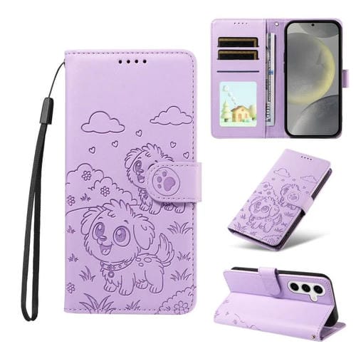 Funda de cuero tipo billetera con bloqueo RFID y diseño de corazón de perro en relieve para Samsung Galaxy S24/S25 5G (morado)