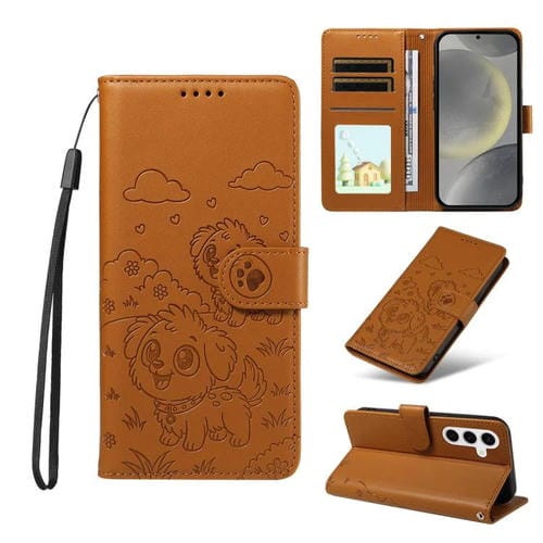 Funda de cuero con bloqueo RFID para Samsung Galaxy S24/S25 5G, con diseño de corazón en relieve y perro (marrón)