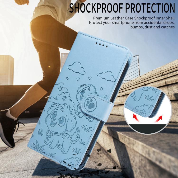 Funda de cuero con bloqueo RFID para Samsung Galaxy S24+ / S25+ 5G, con diseño de corazón en relieve y perro (azul cielo)