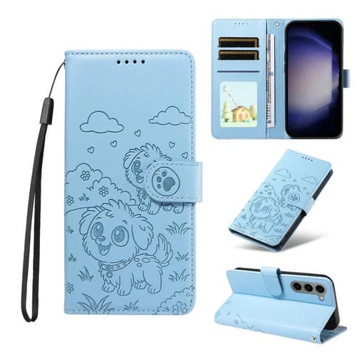 Funda de cuero tipo billetera con bloqueo RFID y diseño de corazón de perro en relieve para Samsung Galaxy S23+ 5G (azul cielo)