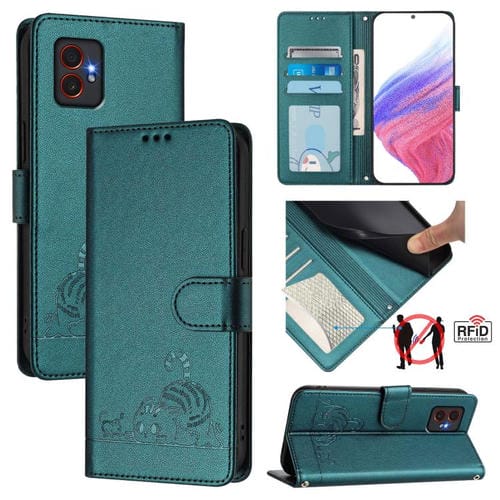Funda de cuero RFID con estampado de gato y rata en relieve para Samsung Galaxy XCover7 Pro con cordón (verde pavo real)
