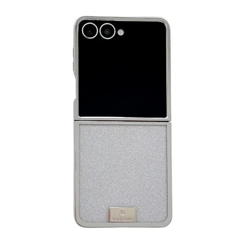 Funda para Samsung Galaxy Z Flip5 con marco chapado, placa de identificación de papel brillante, cobertura total (plateada)