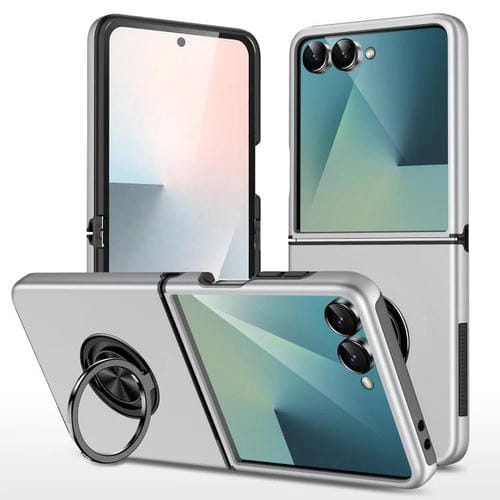 Funda magnética de PC + TPU para Samsung Galaxy Z Flip7 5G con anillo invisible (plateada)
