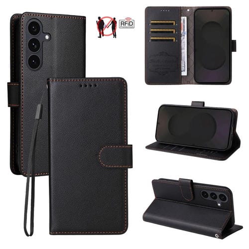 Funda de cuero con textura Litchi para Samsung Galaxy S25 FE 5G, con bloqueo RFID y capacidad para 3 tarjetas (negro)