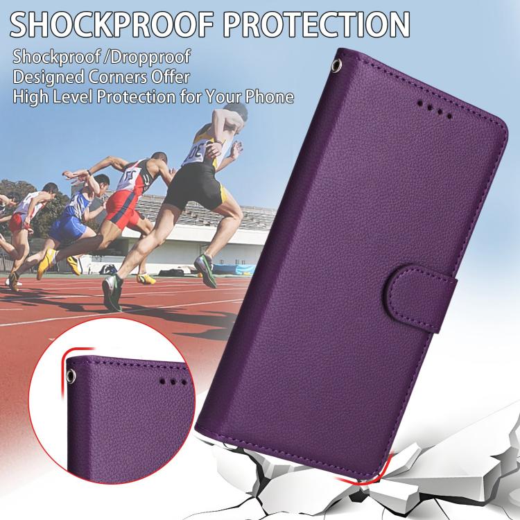 Funda de cuero tipo billetera con bloqueo RFID para Samsung Galaxy A04e 4G/F04, con textura Litchi y capacidad para 3 tarjetas (morado)