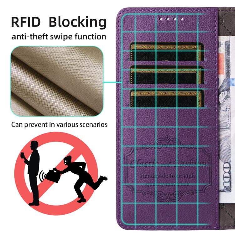 Funda de cuero tipo billetera con bloqueo RFID para Samsung Galaxy A04e 4G/F04, con textura Litchi y capacidad para 3 tarjetas (morado)