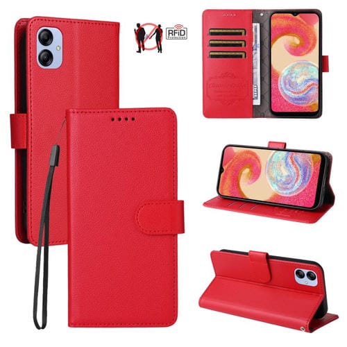 Funda de cuero tipo billetera con bloqueo RFID para Samsung Galaxy A04e 4G/F04, textura Litchi, con capacidad para 3 tarjetas (roja)