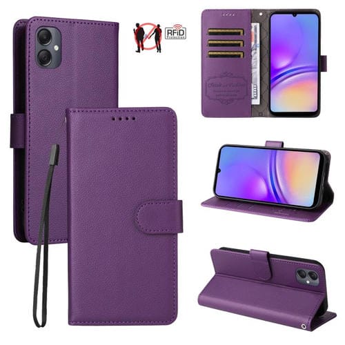 Funda de cuero tipo billetera con bloqueo RFID para Samsung Galaxy A05, con textura Litchi y capacidad para 3 tarjetas (morado)