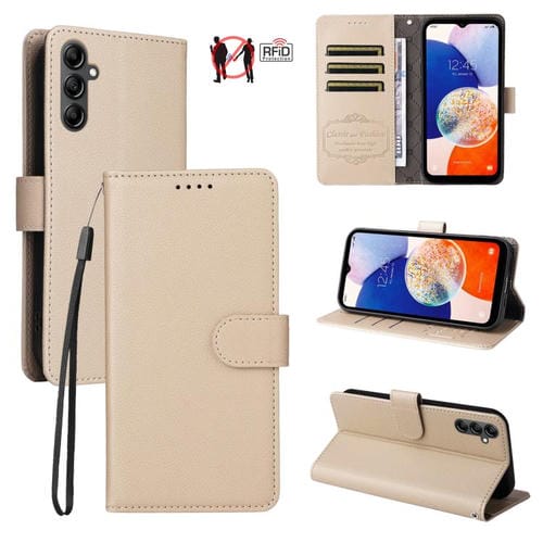 Funda de cuero tipo billetera con bloqueo RFID para Samsung Galaxy A14 4G/5G, textura Litchi, para 3 tarjetas (beige)