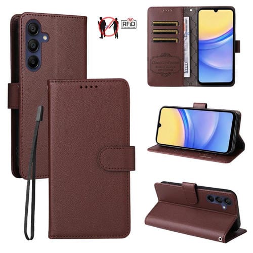 Funda de cuero con textura Litchi para Samsung Galaxy A15 4G/5G, con bloqueo RFID y capacidad para 3 tarjetas (marrón)