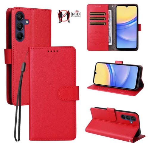 Funda de cuero tipo billetera con bloqueo RFID para Samsung Galaxy A15 4G/5G, textura Litchi, para 3 tarjetas (roja)