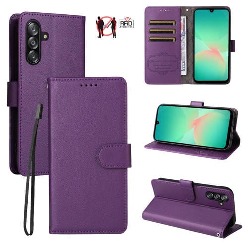 Funda de cuero tipo billetera con bloqueo RFID para Samsung Galaxy A16 4G/5G/A26, con textura de lichi, para 3 tarjetas (morado)