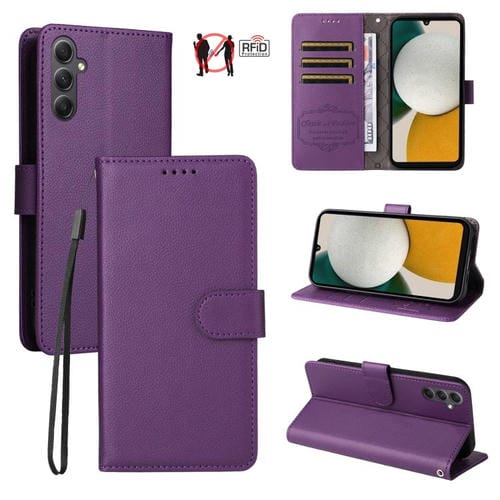 Funda de cuero tipo billetera con bloqueo RFID para Samsung Galaxy A34 5G, textura Litchi, para 3 tarjetas (morado)