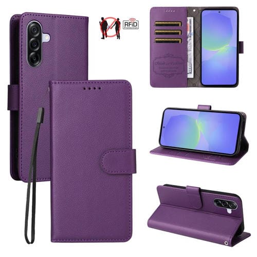 Funda de cuero tipo billetera con bloqueo RFID para Samsung Galaxy A36 5G, textura Litchi, para 3 tarjetas (morado)