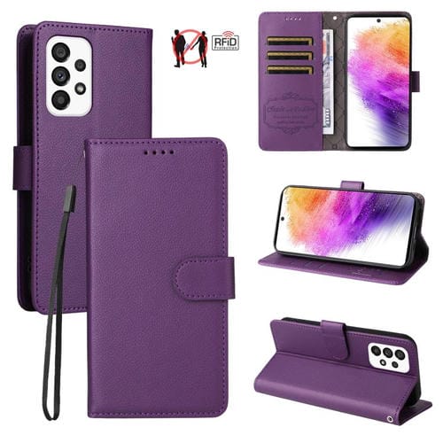 Funda de cuero tipo billetera con bloqueo RFID para Samsung Galaxy A73 5G, textura Litchi, para 3 tarjetas (morado)