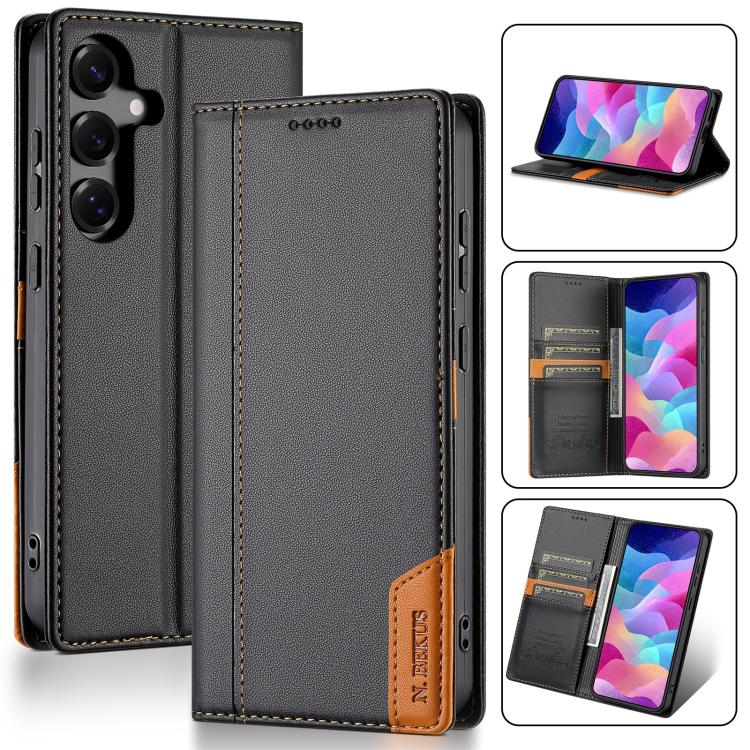 Funda de cuero con tapa magnética y costuras RFID para Samsung Galaxy S24+ 5G N.BEKUS P3 (negra)