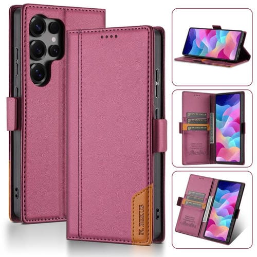 Funda de cuero con tapa magnética y costuras RFID para Samsung Galaxy S24 Ultra 5G N.BEKUS P3 (rojo vino)