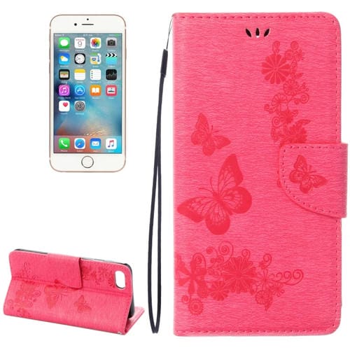 Funda para iPhone 8 y 7 Cuero Tapa Horizontal Diseño Mariposa Flores Soporte Ranuras Tarjetas Billetera (Magenta)