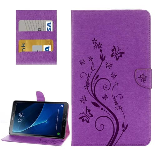 Para Galaxy Tab A 10.1 (2016) / P580 Butterflies Love Flowers Estuche de cuero con tapa horizontal en relieve con soporte, ranuras para tarjetas y billetera (púrpura)