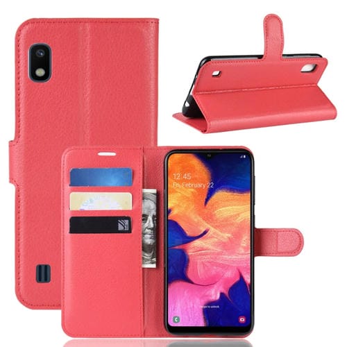 Funda de cuero con tapa horizontal con textura Litchi para Galaxy A10, con billetera, soporte y ranuras para tarjetas (rojo)