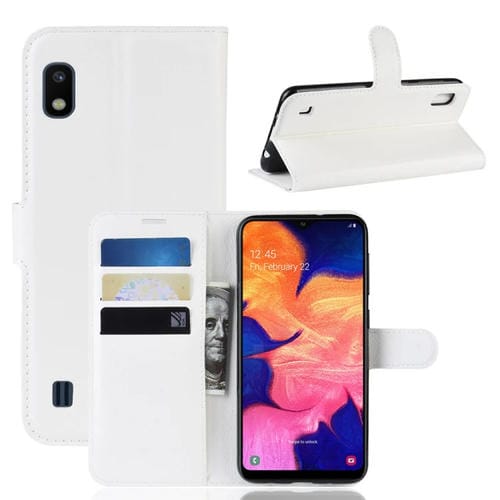 Funda de cuero con tapa horizontal con textura Litchi para Galaxy A10, con billetera, soporte y ranuras para tarjetas (blanco)