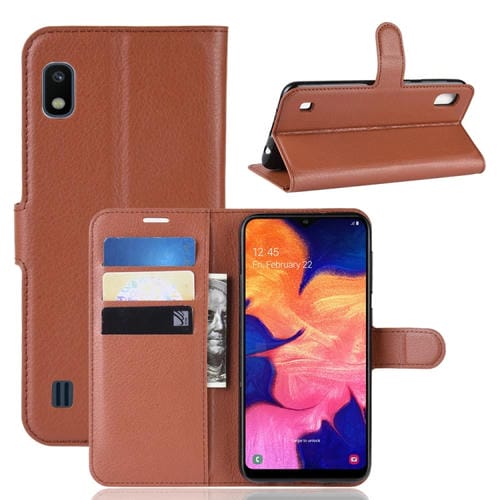 Funda de cuero con tapa horizontal con textura Litchi para Galaxy A10, con billetera, soporte y ranuras para tarjetas (marrón)