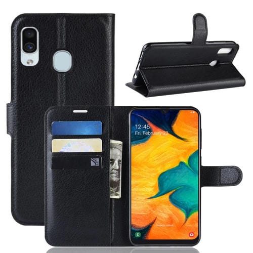 Funda de cuero con tapa horizontal con textura Litchi para Galaxy A30, con billetera, soporte y ranuras para tarjetas (negro)