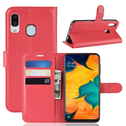 Funda de cuero con tapa horizontal con textura Litchi para Galaxy A30, con billetera, soporte y ranuras para tarjetas (rojo)