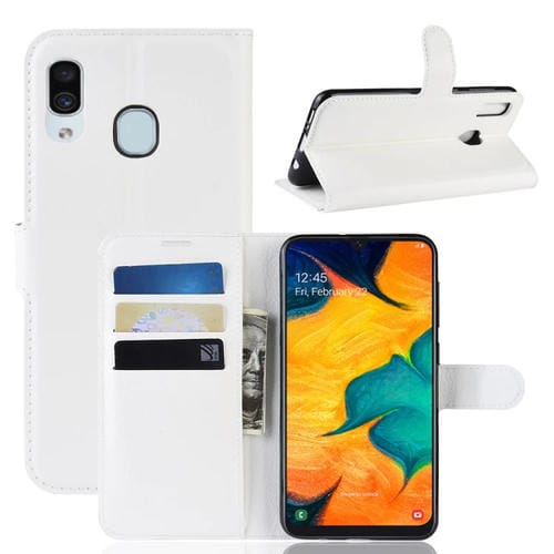 Funda de cuero con tapa horizontal con textura Litchi para Galaxy A30, con billetera, soporte y ranuras para tarjetas (blanco)