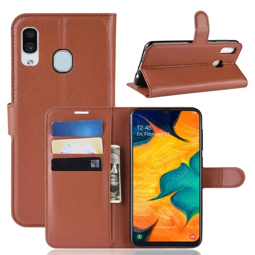 Funda de cuero con tapa horizontal con textura Litchi para Galaxy A30, con billetera, soporte y ranuras para tarjetas (marrón)