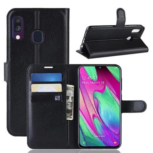 Funda de cuero con tapa horizontal con textura Litchi para Galaxy A40, con billetera, soporte y ranuras para tarjetas (negro)