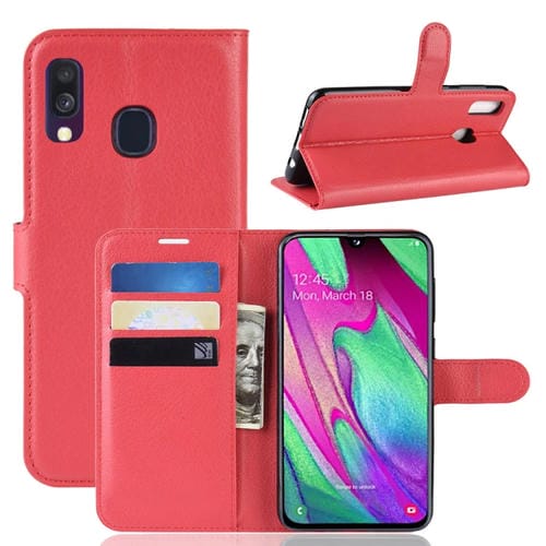 Funda de cuero con tapa horizontal con textura Litchi para Galaxy A40, con billetera, soporte y ranuras para tarjetas (rojo)
