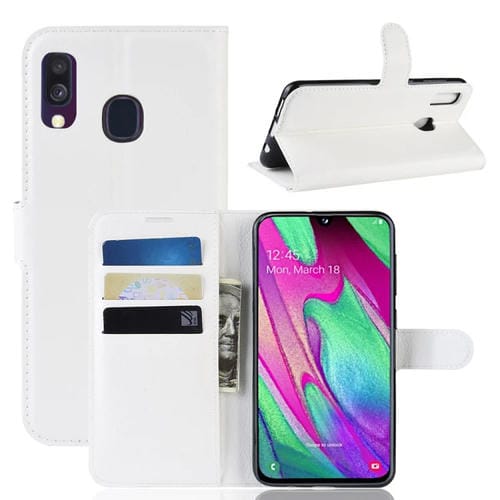 Funda de cuero con tapa horizontal con textura Litchi para Galaxy A40, con billetera, soporte y ranuras para tarjetas (blanco)