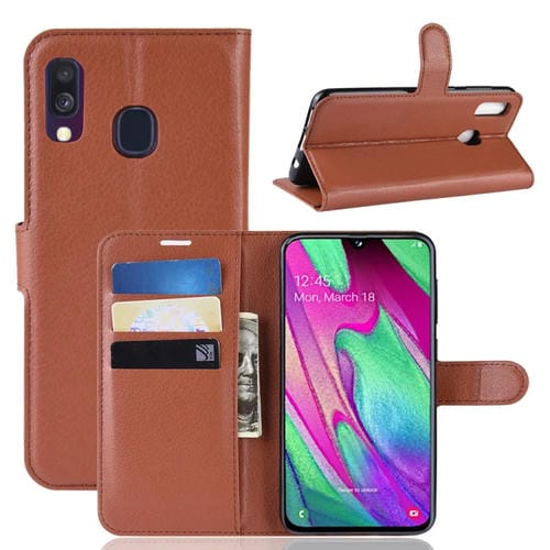 Funda de cuero con tapa horizontal con textura Litchi para Galaxy A40, con billetera, soporte y ranuras para tarjetas (marrón)