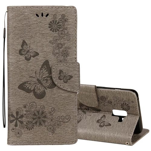 Para Galaxy A8 + (2018) Funda de cuero con tapa horizontal con diseño de mariposa floral en relieve vintage con ranura para tarjeta, soporte, billetera y cordón (gris)