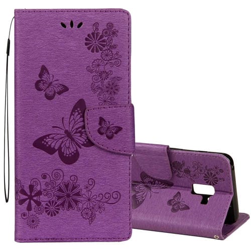 Para Galaxy A8 + (2018) Funda de cuero con tapa horizontal con diseño de mariposa floral en relieve vintage con ranura para tarjeta, soporte, billetera y cordón (púrpura)