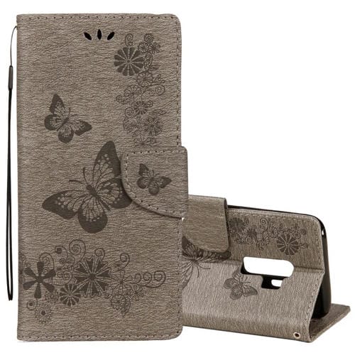 Para Galaxy S9 + Estuche de cuero con tapa horizontal con diseño de mariposa floral en relieve vintage con ranura para tarjeta, soporte, billetera y cordón (gris)