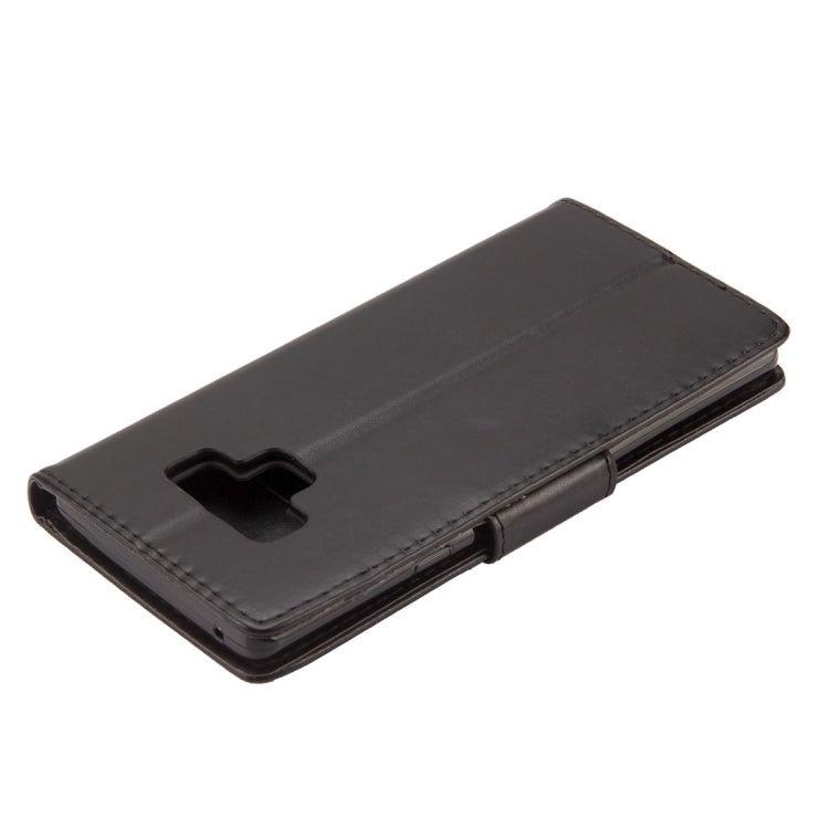 Estuche de cuero con tapa horizontal con patrón de mariposa en relieve con ranura para tarjeta, soporte, billetera y cordón para Galaxy Note9 (negro)