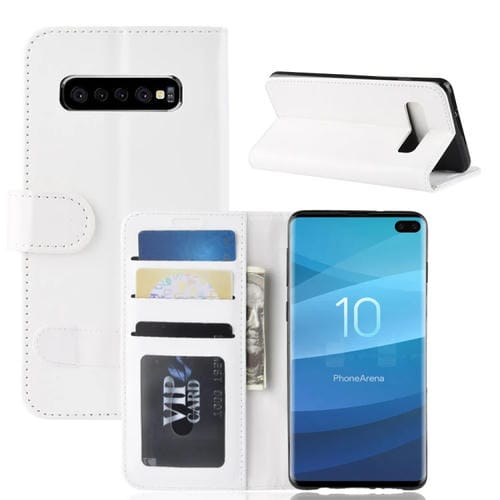 R64 solo pliegue textura del cuero del tirón horizontal para Galaxy S10 +, con el sostenedor y ranuras para tarjetas y monedero (blanco)