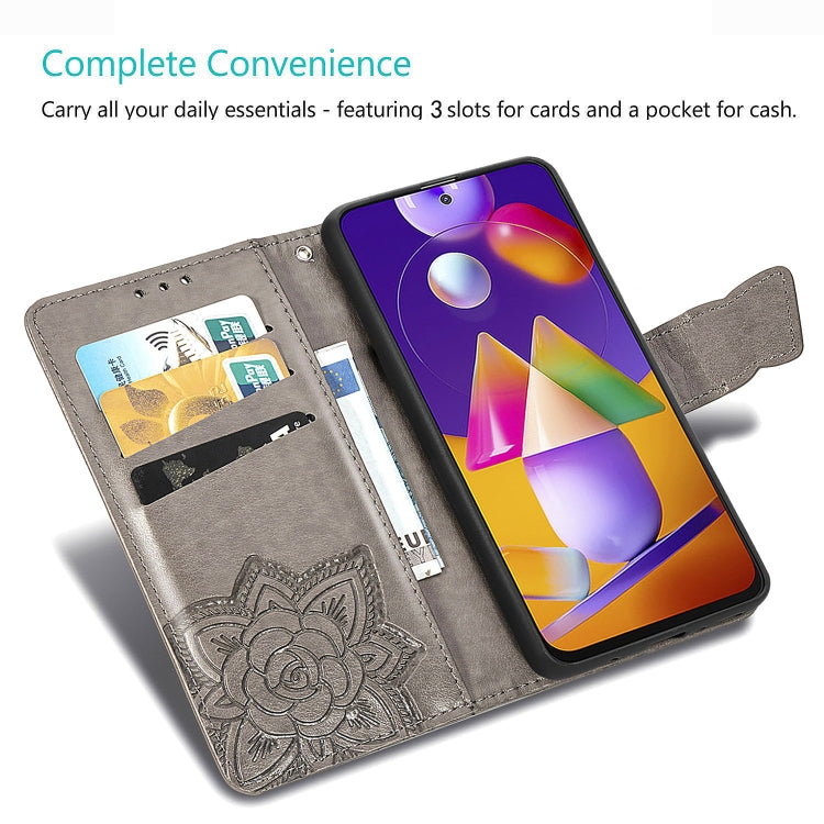 Para Huawei Mate 40 Lite / Maimang 9 Butterfly Love Flower Funda de cuero con tapa horizontal en relieve con soporte, ranuras para tarjetas, billetera y cordón (gris)