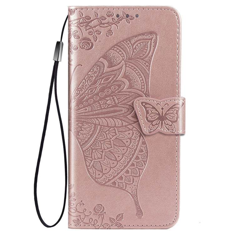 Para Huawei Honor 30 Lite Butterfly Love Flower Funda de cuero con tapa horizontal en relieve con soporte, ranuras para tarjetas, billetera y cordón (oro rosa)