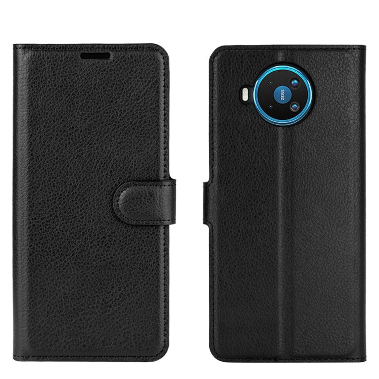 Para Nokia 8.3 5G Litchi Texture Funda protectora con tapa horizontal con soporte, ranuras para tarjetas y billetera (negro)
